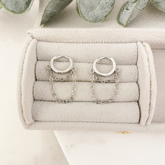 925 Sterling Silver Huggie Earrings Dangle Chain Earrings Small Hoops Huggies - Picture 2 of 6